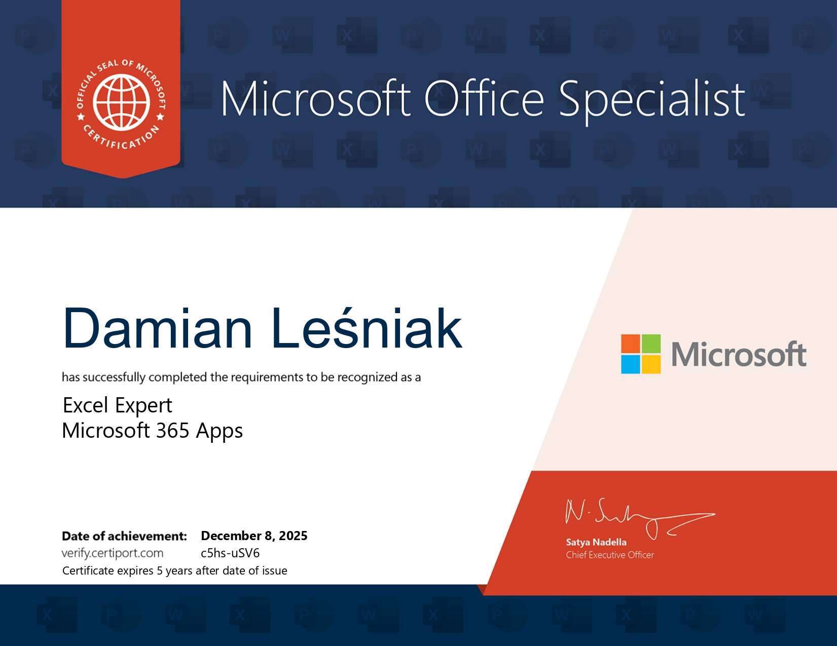 Certyfikat Microsoft Office Specialist Excel Expert (Microsoft 365 Apps) wystawiony dla Damiana Leśniaka